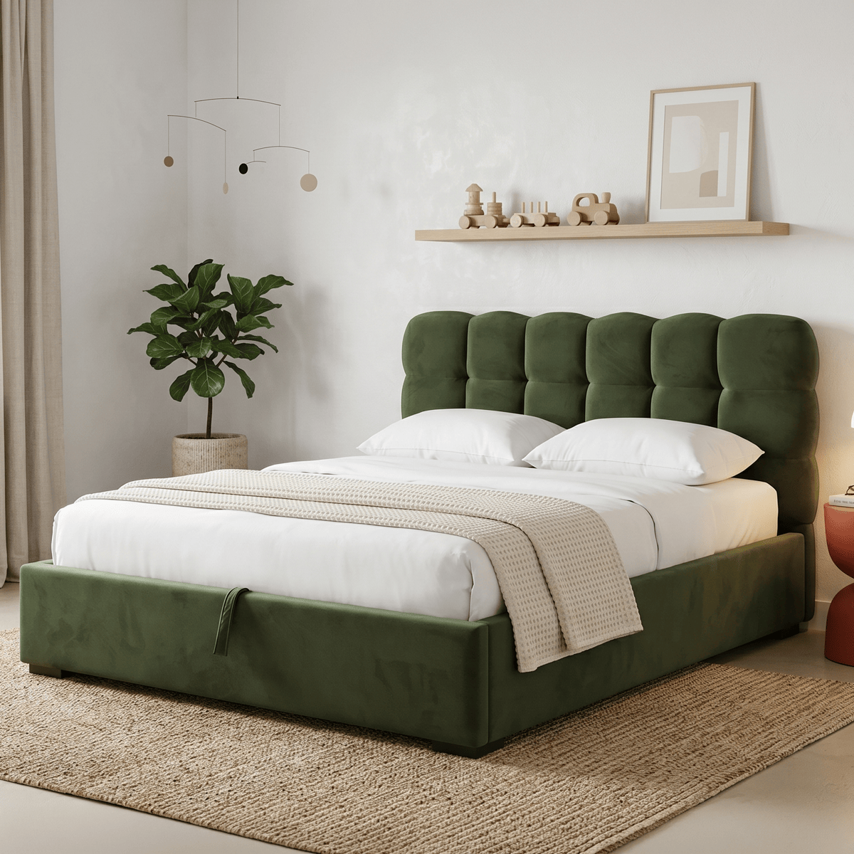Lola - Lit Coffre Adulte 180x200 cm avec Sommier et Tête de Lit Capitonnée en Velours - Vert Kaki