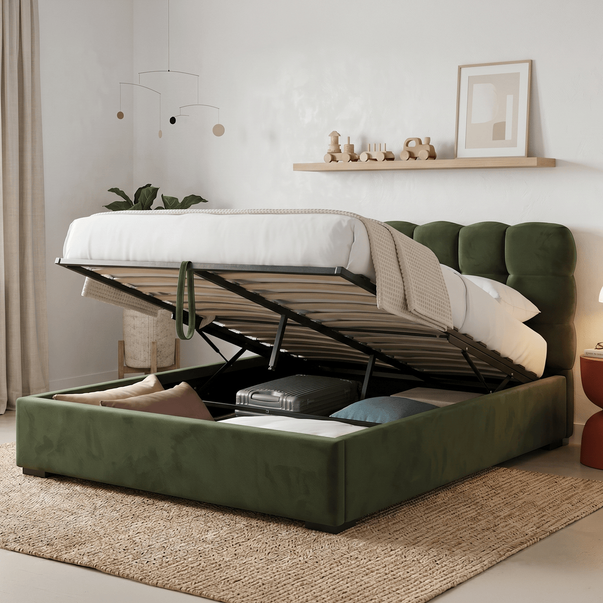 Lola - Lit Coffre Adulte 180x200 cm avec Sommier et Tête de Lit Capitonnée en Velours - Vert Kaki