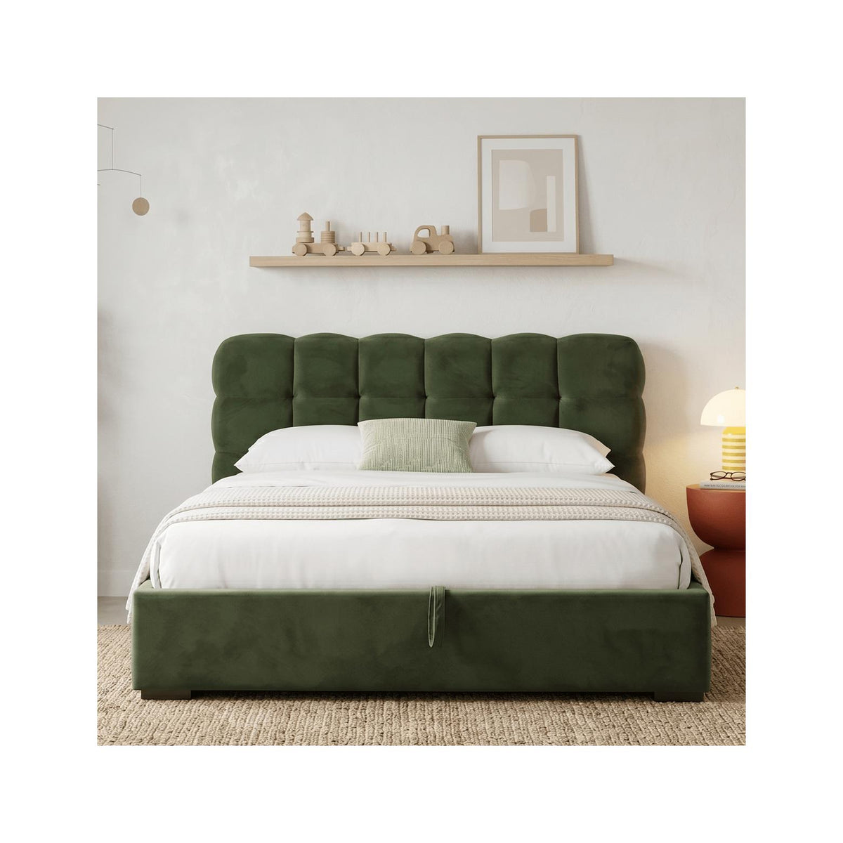 Lola - Lit Coffre Adulte 180x200 cm avec Sommier et Tête de Lit Capitonnée en Velours - Vert Kaki