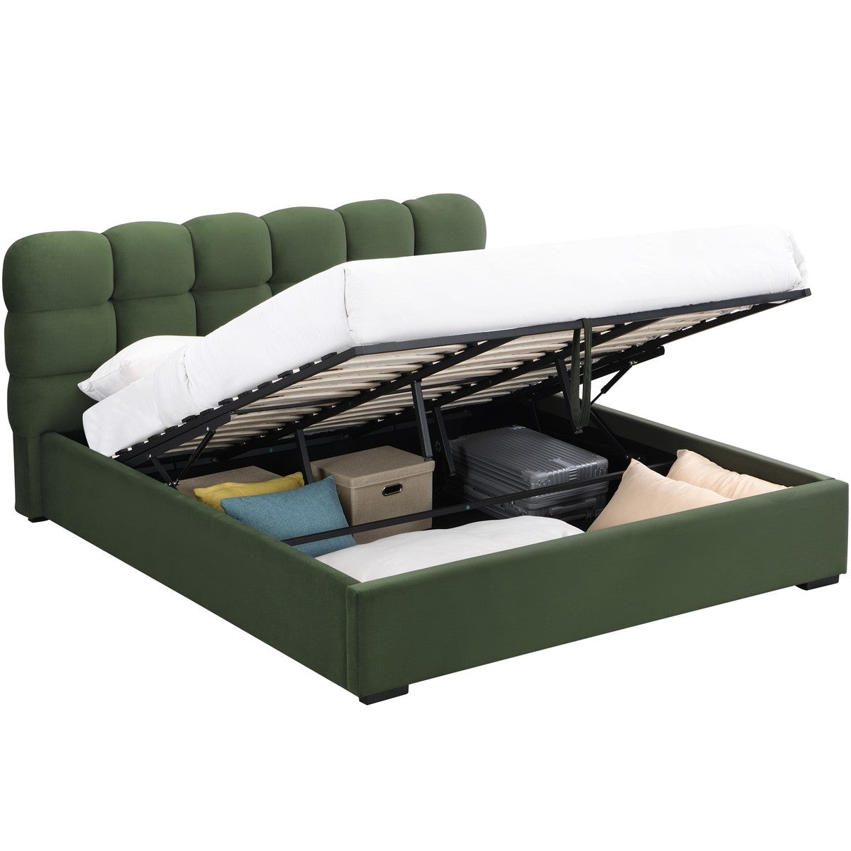 Lola - Lit Coffre Adulte 180x200 cm avec Sommier et Tête de Lit Capitonnée en Velours - Vert Kaki