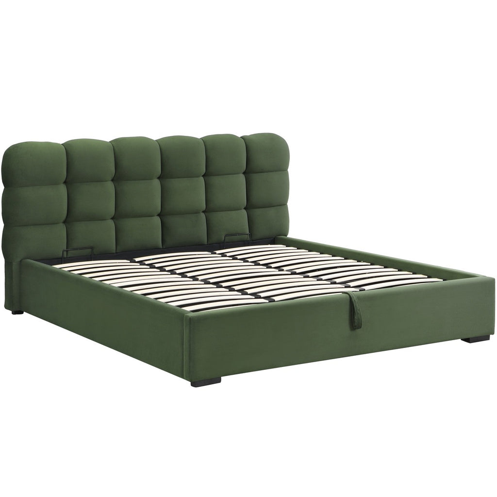 Lola - Lit Coffre Adulte 180x200 cm avec Sommier et Tête de Lit Capitonnée en Velours - Vert Kaki