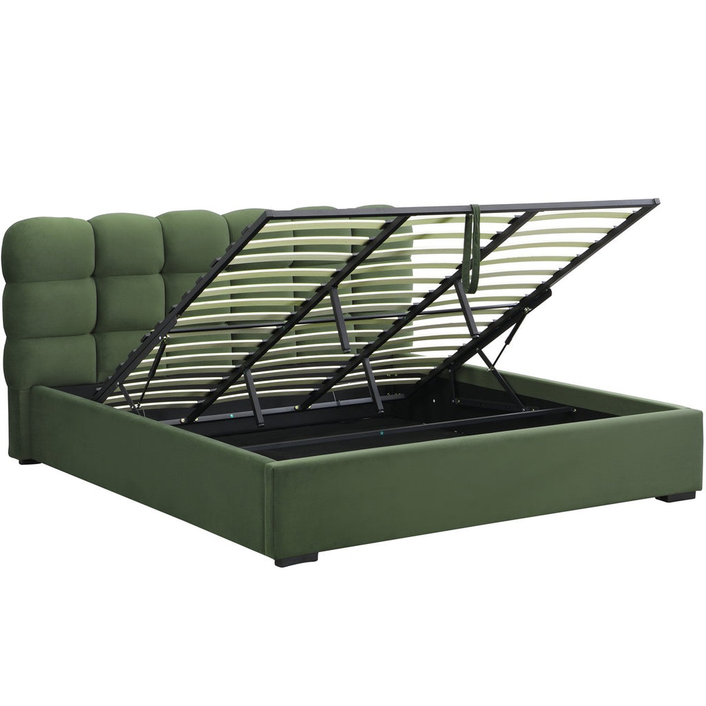 Lola - Lit Coffre Adulte 180x200 cm avec Sommier et Tête de Lit Capitonnée en Velours - Vert Kaki