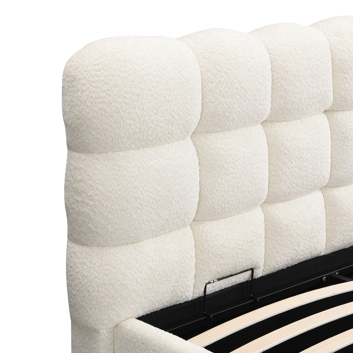 Lola - Lit Coffre Adulte 180x200 cm avec Sommier et Tête de Lit Capitonnée en Tissu Bouclé - Beige