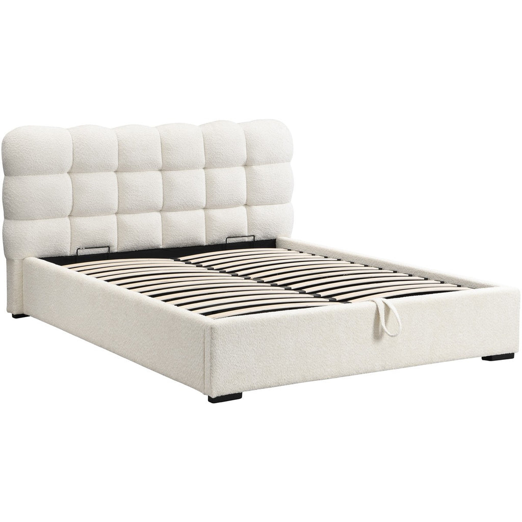 Lola - Lit Coffre Adulte 180x200 cm avec Sommier et Tête de Lit Capitonnée en Tissu Bouclé - Beige