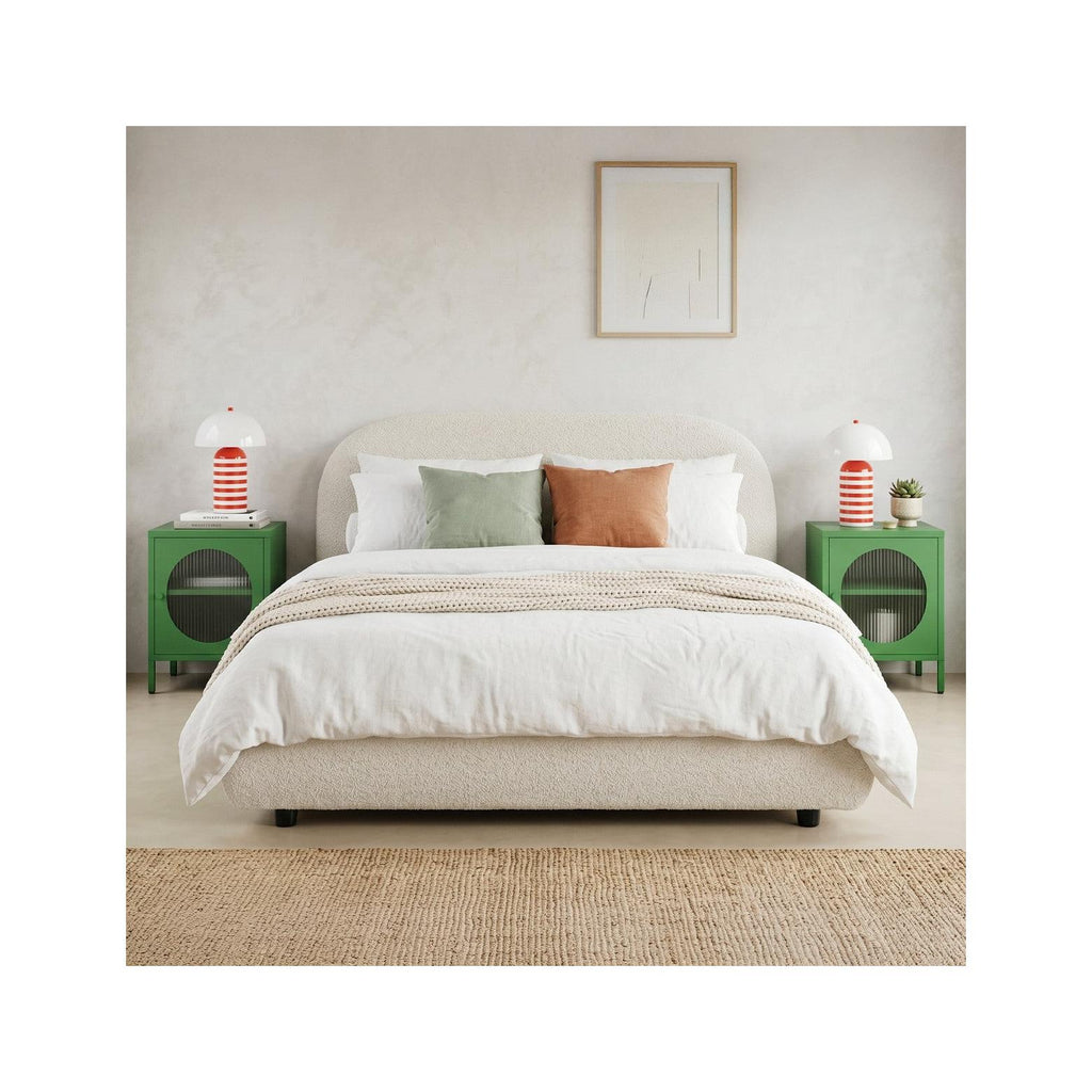 Maddie - Lit Adulte 140x190 cm avec Sommier et Tête de Lit Matelassée en Tissu Bouclé - Beige