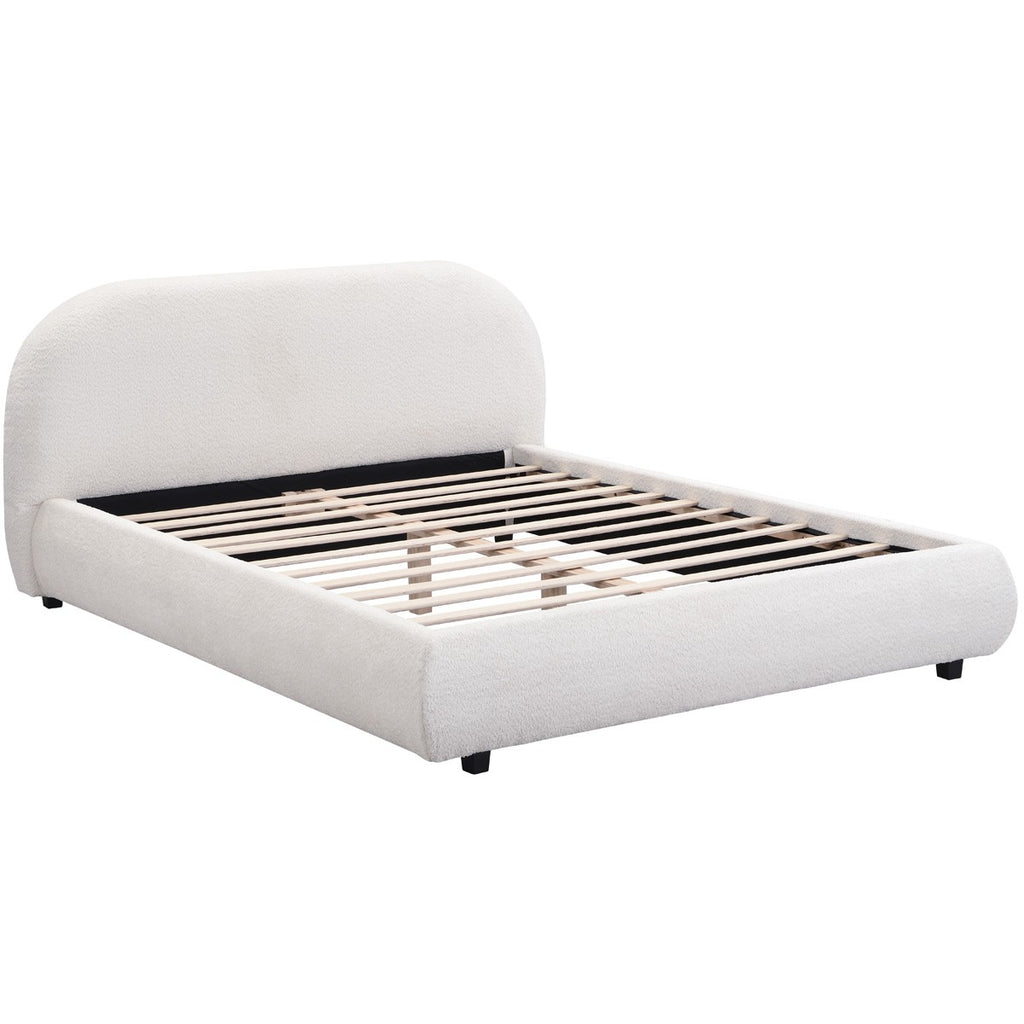 Maddie - Lit Adulte 140x190 cm avec Sommier et Tête de Lit Matelassée en Tissu Bouclé - Beige