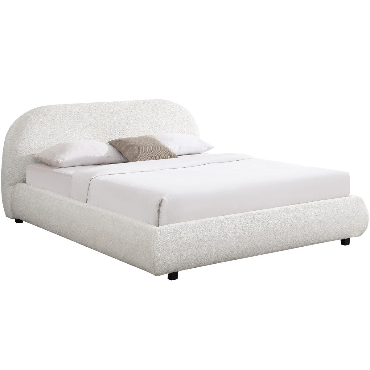 Maddie - Lit Adulte 140x190 cm avec Sommier et Tête de Lit Matelassée en Tissu Bouclé - Beige