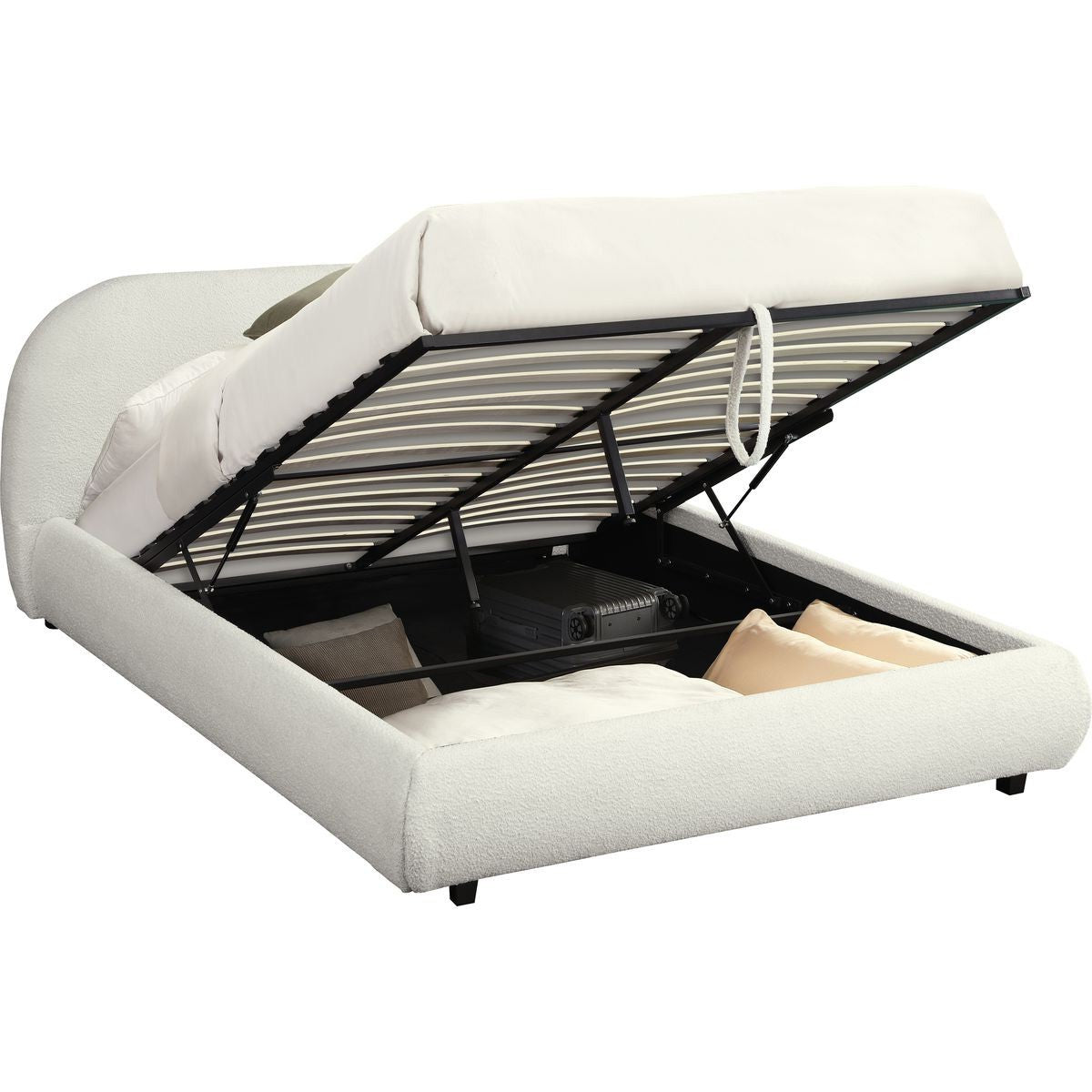 Madisson - Lit Coffre avec Tête de Lit Matelassée en Tissu Bouclé - Beige