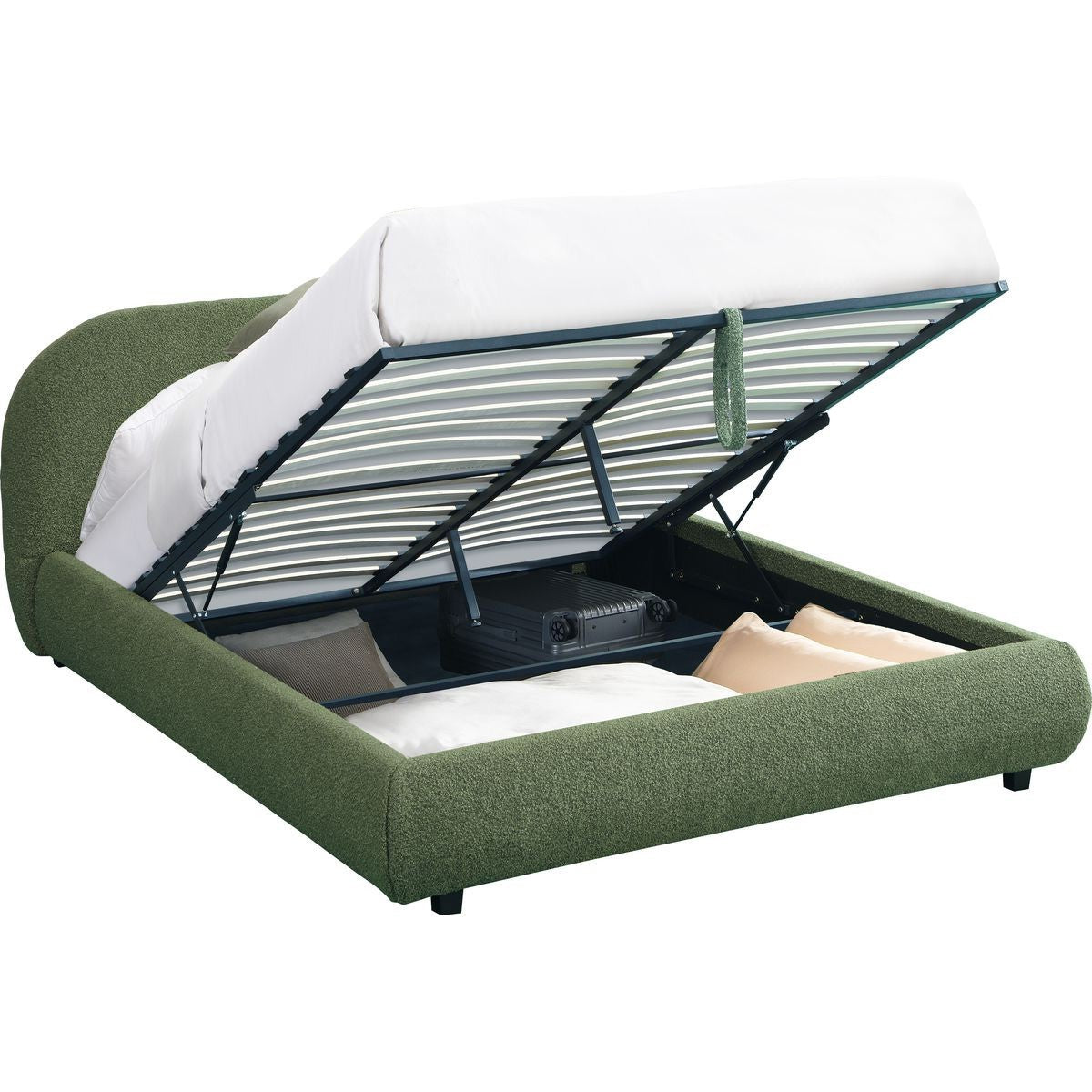 Madisson - Lit Coffre avec Tête de Lit Matelassée en Tissu Bouclé - Vert Kaki