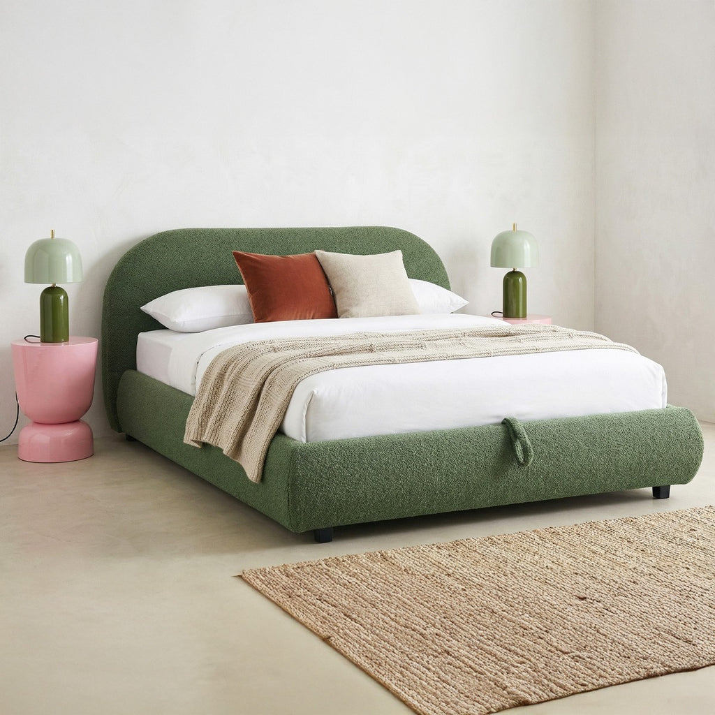 Madisson - Lit Coffre avec Tête de Lit Matelassée en Tissu Bouclé - Vert Kaki