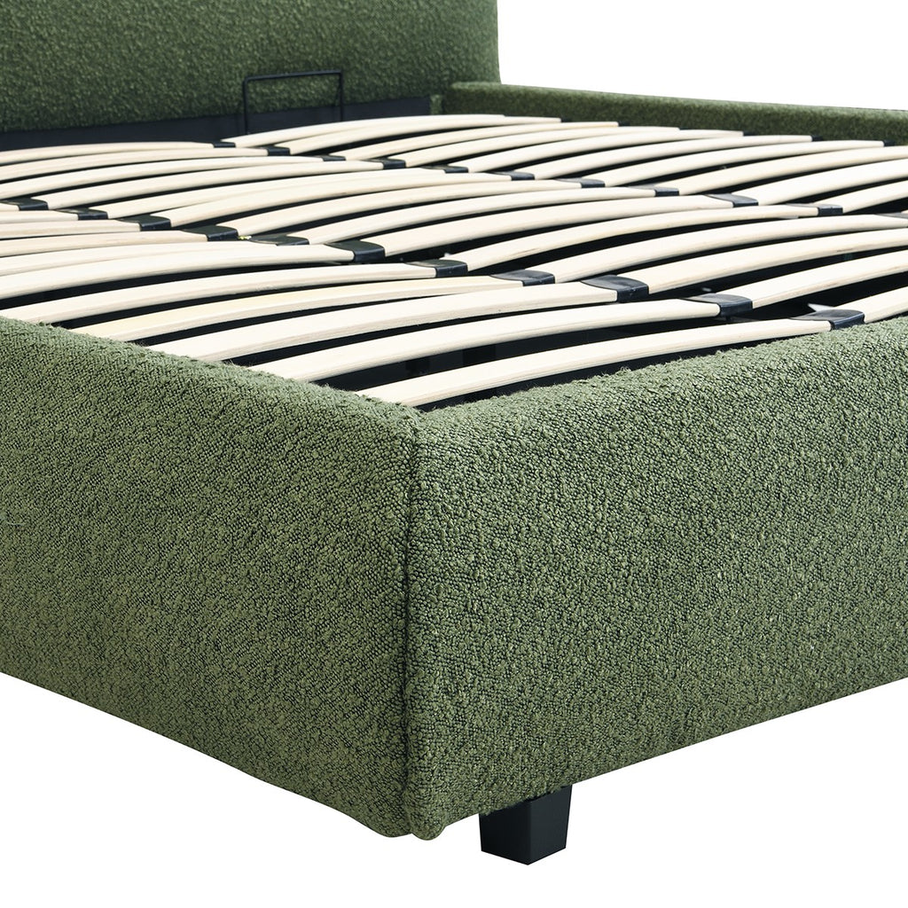 Madisson - Lit Coffre avec Tête de Lit Matelassée en Tissu Bouclé - Vert Kaki