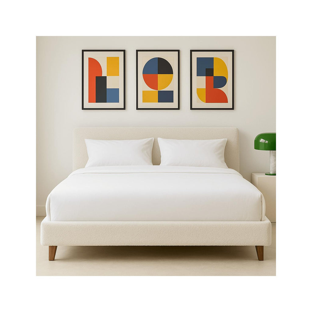 Milo - Lit Adulte 140x190 cm avec Tête de Lit Capitonnée en Tissu Bouclé - Beige