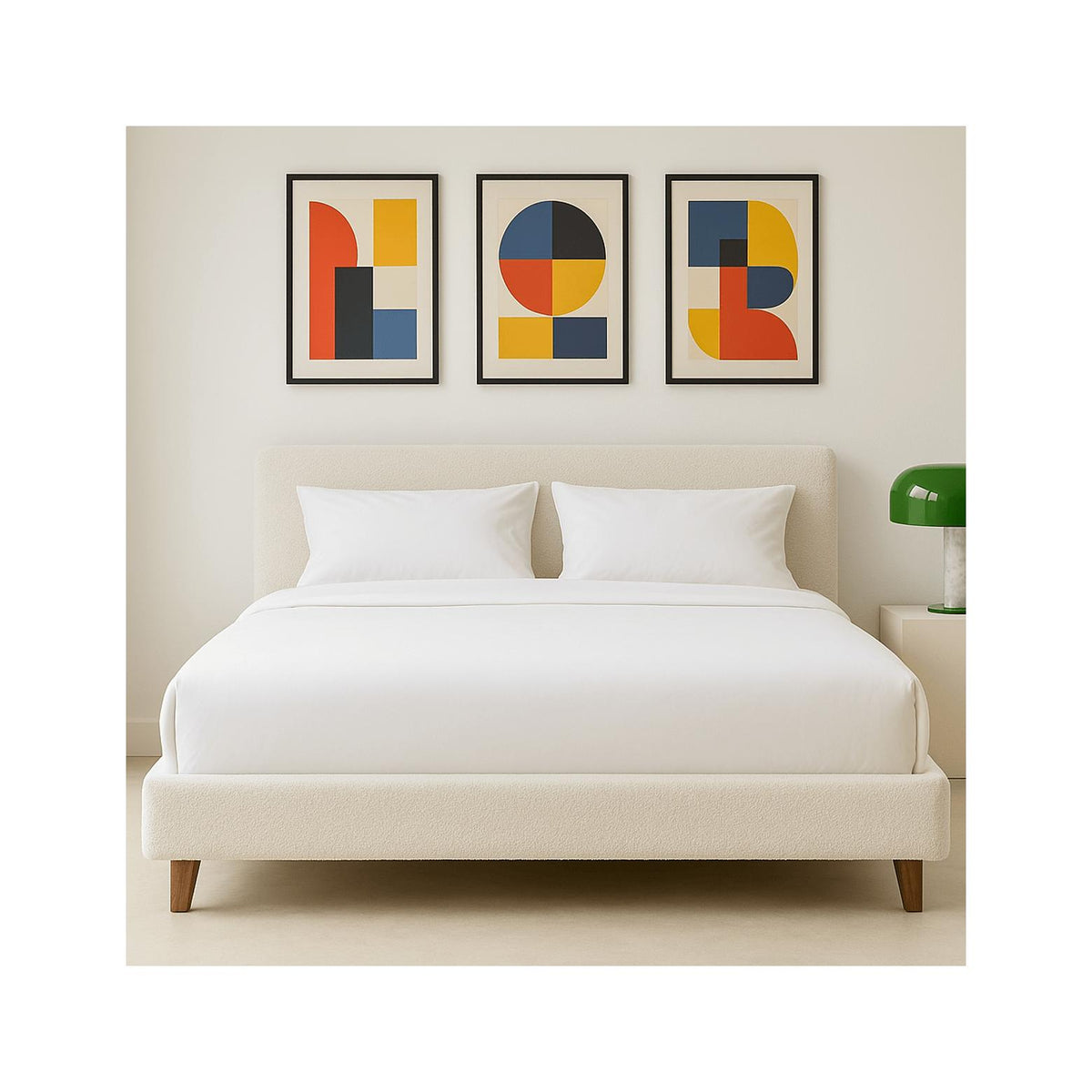 Milo - Lit Adulte 140x190 cm avec Tête de Lit Capitonnée en Tissu Bouclé - Beige