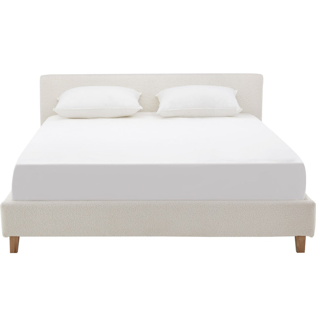 Milo - Lit Adulte 140x190 cm avec Tête de Lit Capitonnée en Tissu Bouclé - Beige