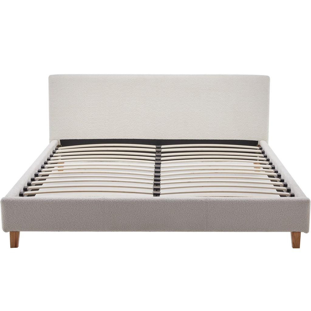 Milo - Lit Adulte 140x190 cm avec Tête de Lit Capitonnée en Tissu Bouclé - Beige