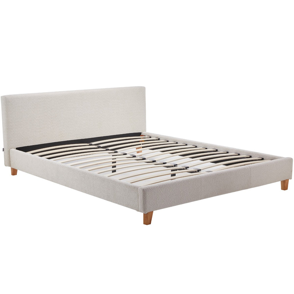 Milo - Lit Adulte 140x190 cm avec Tête de Lit Capitonnée en Tissu Bouclé - Beige