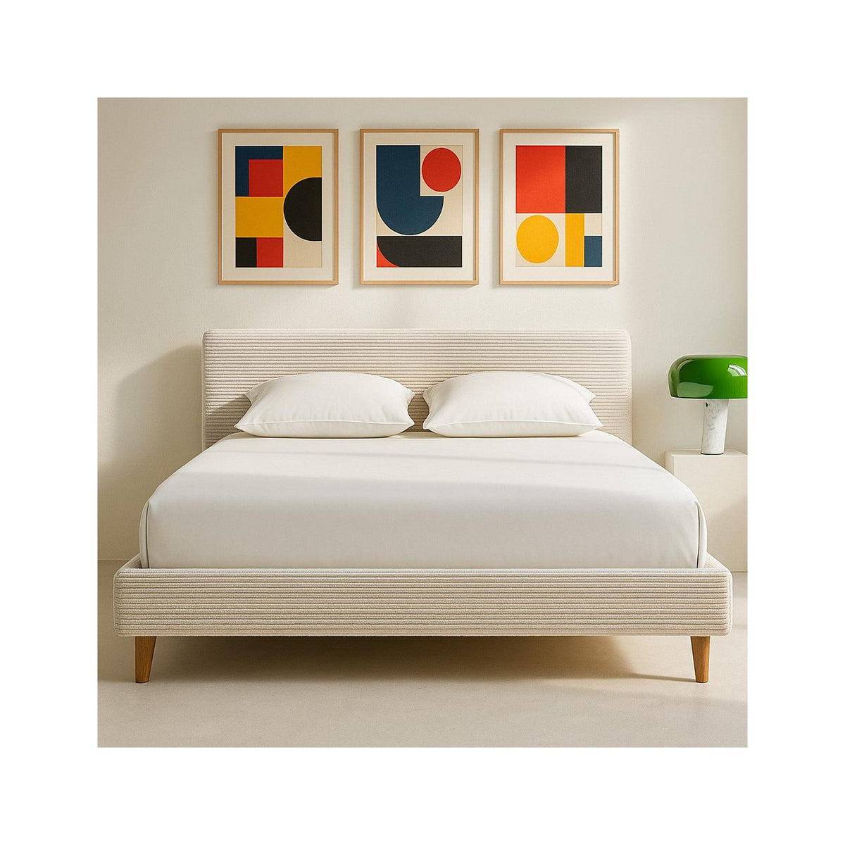Milo - Lit Adulte 140x190 cm avec Tête de Lit Capitonnée en Velours Côtelé - Beige