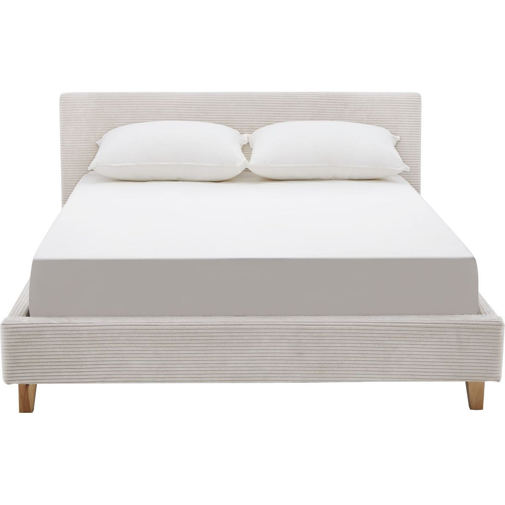 Milo - Lit Adulte 140x190 cm avec Tête de Lit Capitonnée en Velours Côtelé - Beige