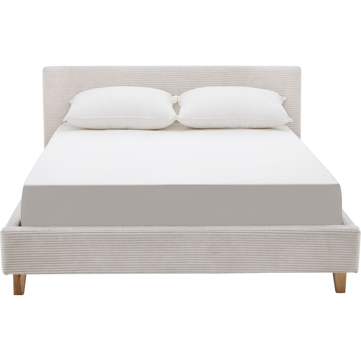 Milo - Lit Adulte 140x190 cm avec Tête de Lit Capitonnée en Velours Côtelé - Beige