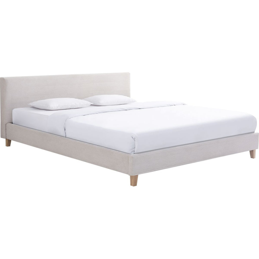 Milo - Lit Adulte 140x190 cm avec Tête de Lit Capitonnée en Velours Côtelé - Beige