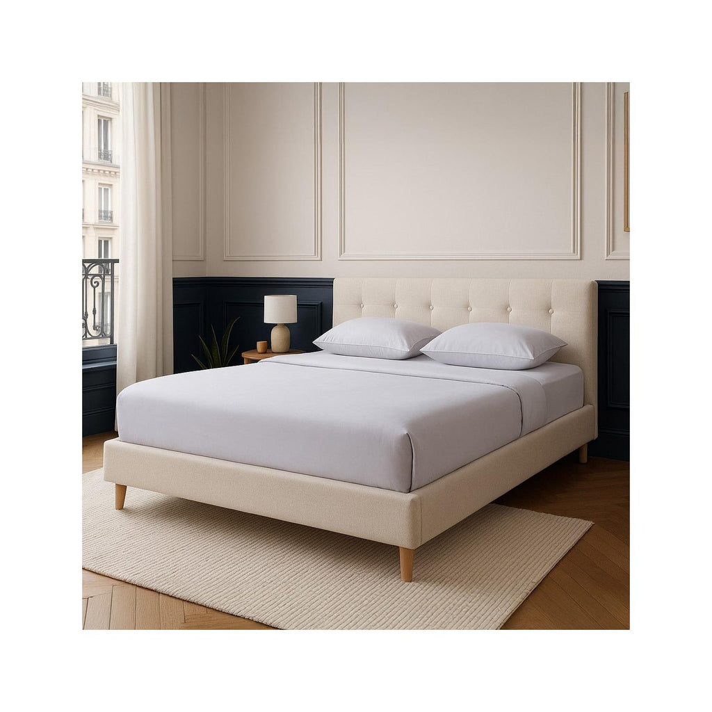 Milo - Lit Adulte 160x200 cm avec Tête de Lit Capitonnée en Tissu - Beige