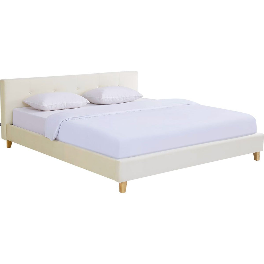 Milo - Lit Adulte 180x200 cm avec Tête de Lit Capitonnée en Velours - Beige