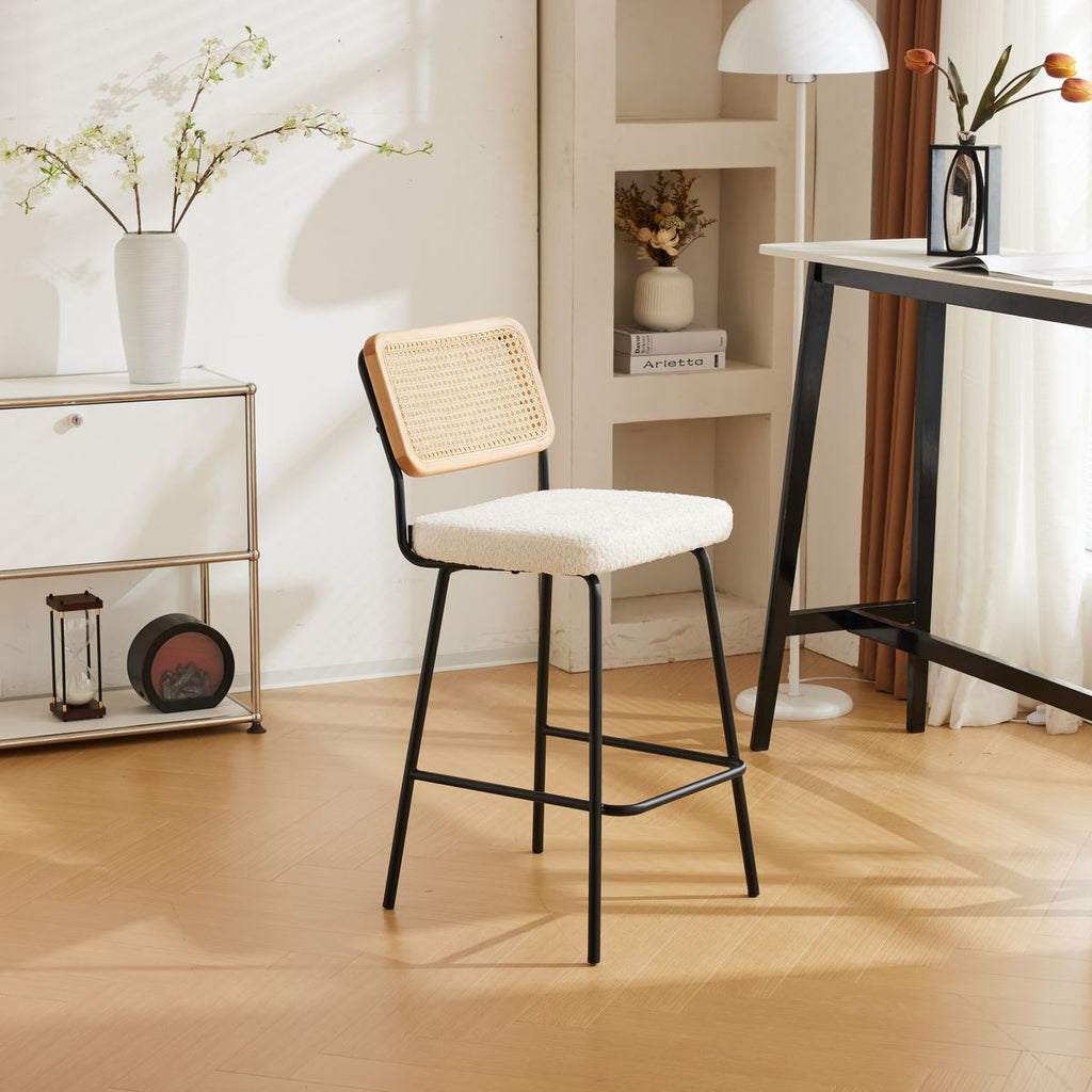 Muse - Lot de 2 Chaises de Bar en Cannage et Tissu Bouclé, Piètement Noir - Beige