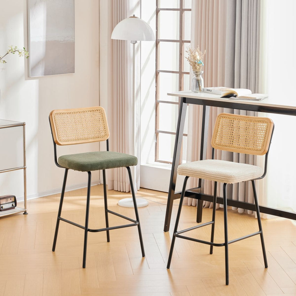 Muse - Lot de 2 Chaises de Bar en Cannage et Velours Côtelé, Piètement Noir - Beige