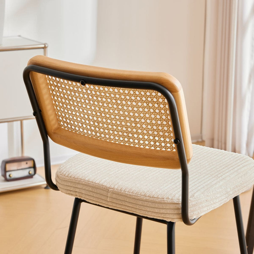 Muse - Lot de 2 Chaises de Bar en Cannage et Velours Côtelé, Piètement Noir - Beige