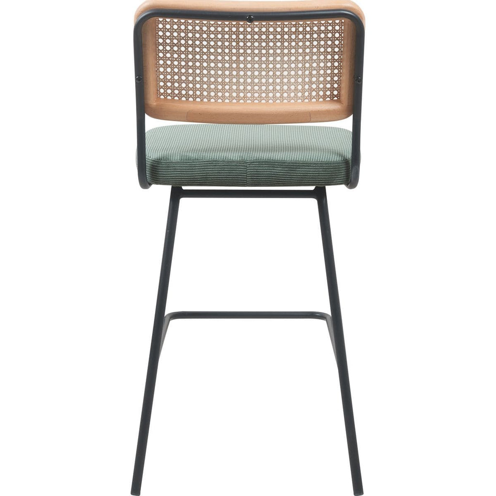 Muse - Lot de 2 Chaises de Bar en Cannage et Velours Côtelé Vert, Piètement Noir - Vert Kaki