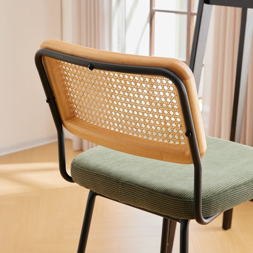 Muse - Lot de 2 Chaises de Bar en Cannage et Velours Côtelé Vert, Piètement Noir - Vert Kaki