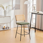 Muse - Lot de 2 Chaises de Bar en Cannage et Velours Côtelé Vert, Piètement Noir - Vert Kaki