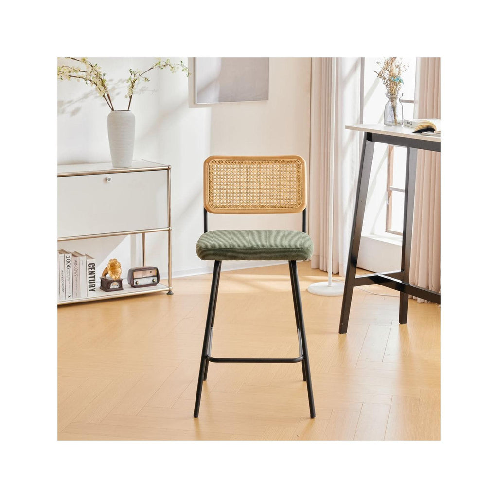 Muse - Lot de 2 Chaises de Bar en Cannage et Velours Côtelé Vert, Piètement Noir - Vert Kaki