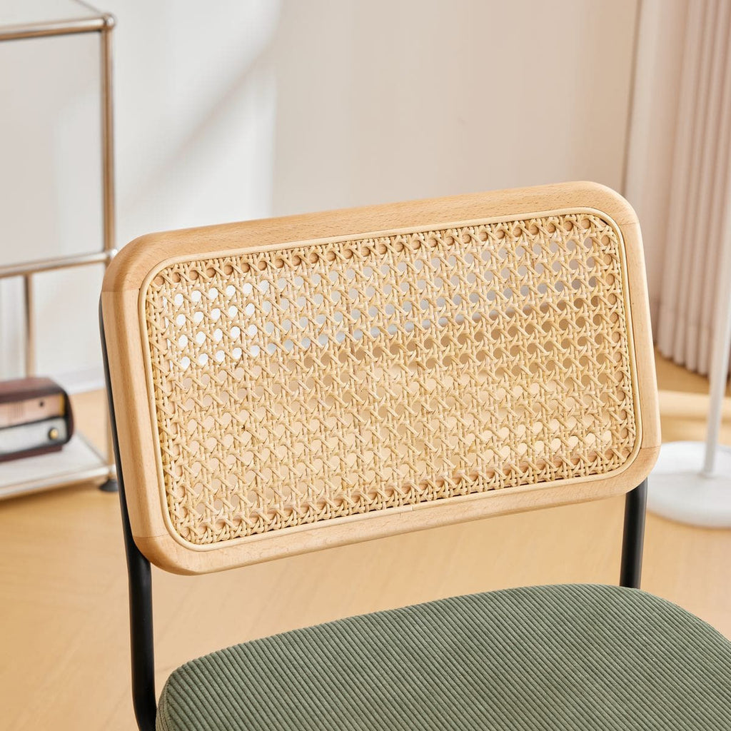 Muse - Lot de 2 Chaises de Bar en Cannage et Velours Côtelé Vert, Piètement Noir - Vert Kaki