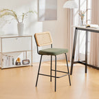 Muse - Lot de 2 Chaises de Bar en Cannage et Velours Côtelé Vert, Piètement Noir - Vert Kaki