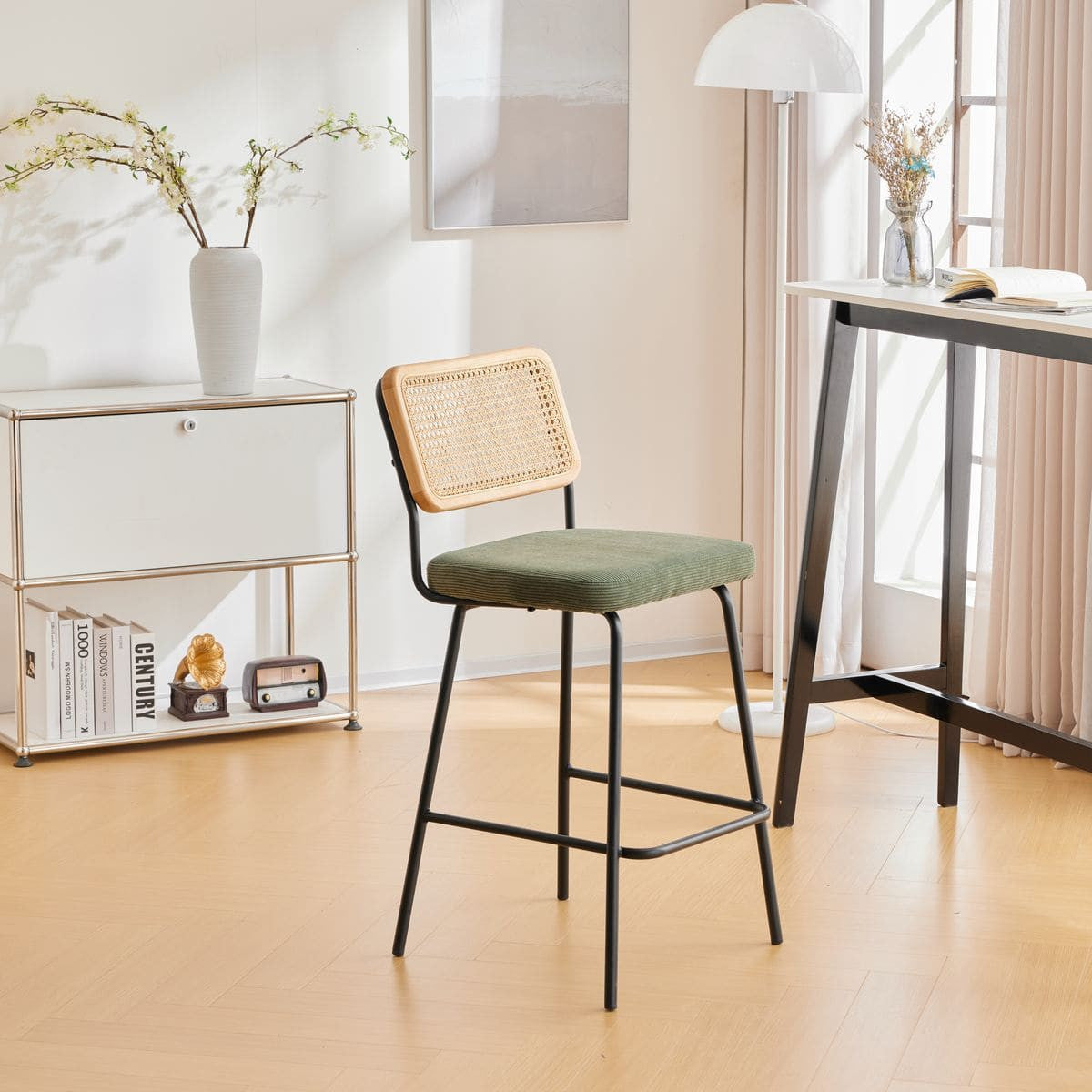 Muse - Lot de 2 Chaises de Bar en Cannage et Velours Côtelé Vert, Piètement Noir - Vert Kaki