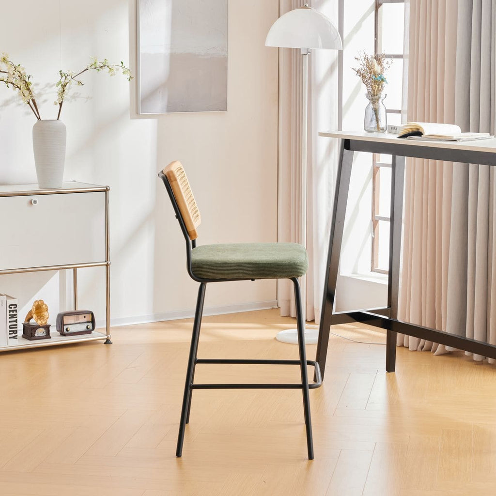 Muse - Lot de 2 Chaises de Bar en Cannage et Velours Côtelé Vert, Piètement Noir - Vert Kaki