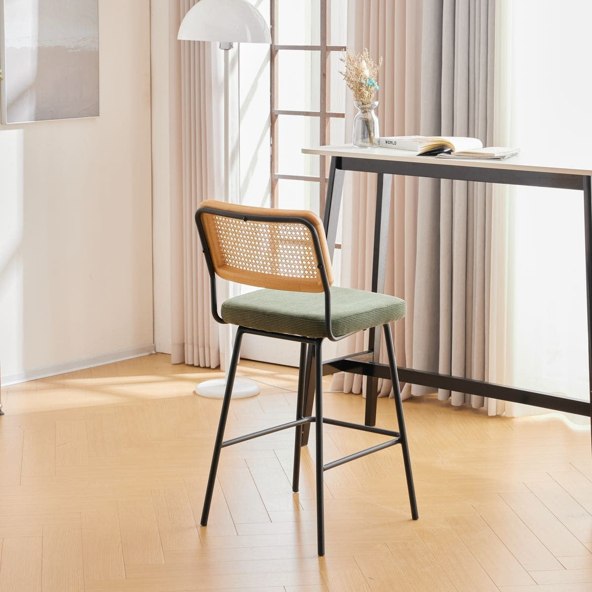 Muse - Lot de 2 Chaises de Bar en Cannage et Velours Côtelé Vert, Piètement Noir - Vert Kaki
