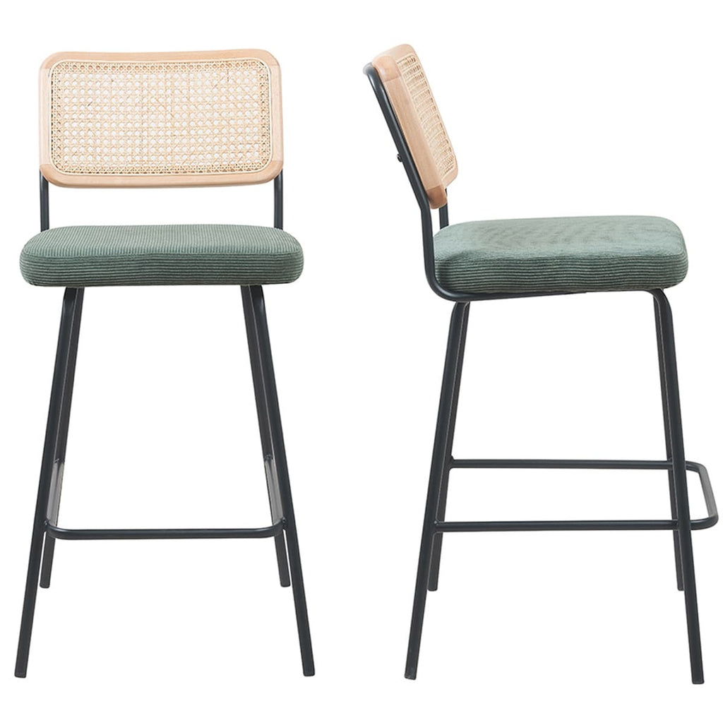 Muse - Lot de 2 Chaises de Bar en Cannage et Velours Côtelé Vert, Piètement Noir - Vert Kaki