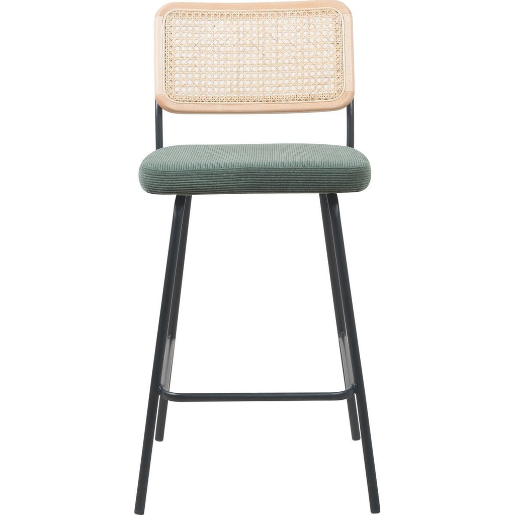 Muse - Lot de 2 Chaises de Bar en Cannage et Velours Côtelé Vert, Piètement Noir - Vert Kaki