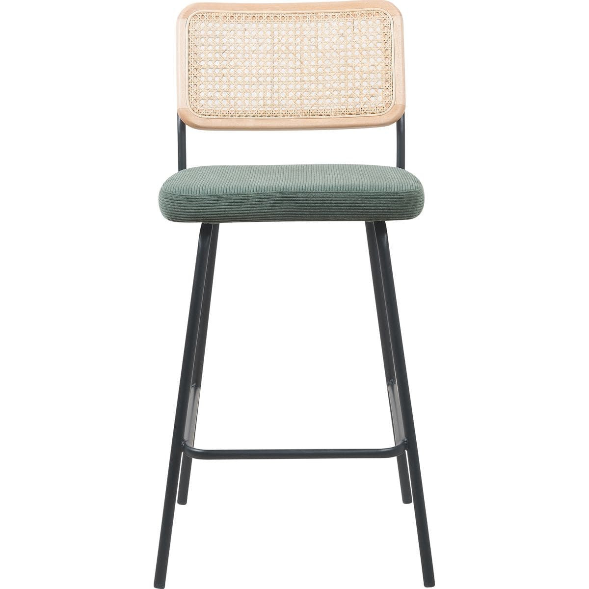 Muse - Lot de 2 Chaises de Bar en Cannage et Velours Côtelé Vert, Piètement Noir - Vert Kaki