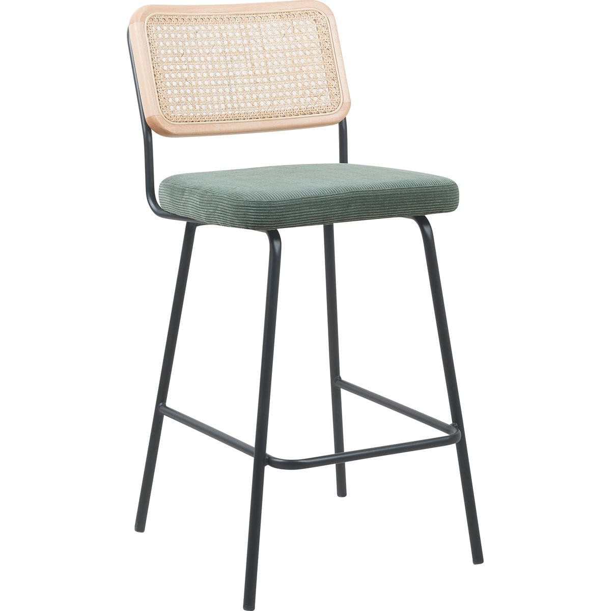 Muse - Lot de 2 Chaises de Bar en Cannage et Velours Côtelé Vert, Piètement Noir - Vert Kaki