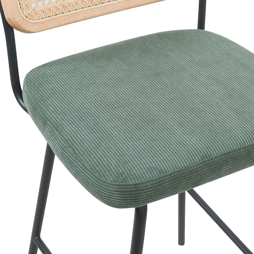 Muse - Lot de 2 Chaises de Bar en Cannage et Velours Côtelé Vert, Piètement Noir - Vert Kaki