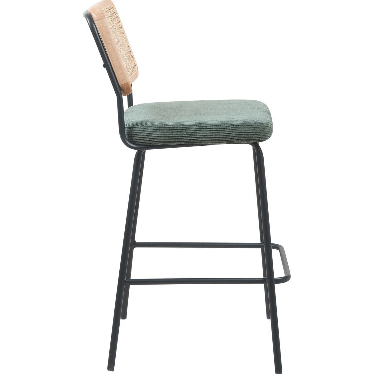 Muse - Lot de 2 Chaises de Bar en Cannage et Velours Côtelé Vert, Piètement Noir - Vert Kaki