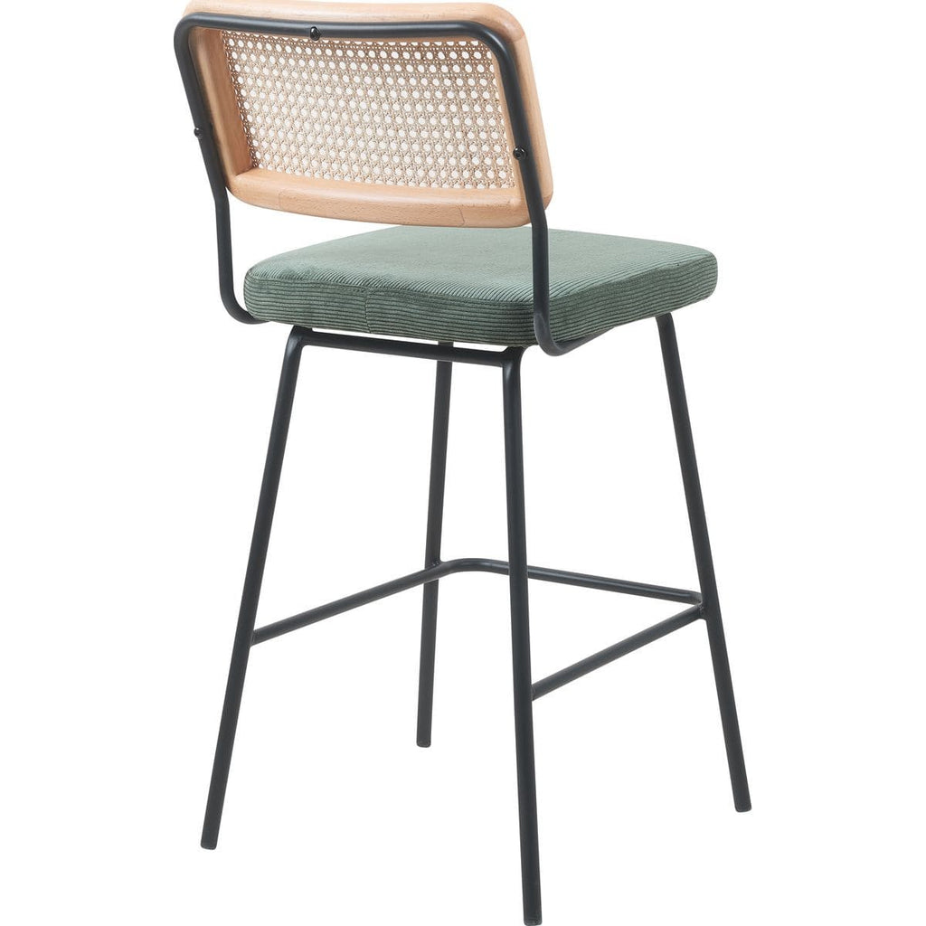 Muse - Lot de 2 Chaises de Bar en Cannage et Velours Côtelé Vert, Piètement Noir - Vert Kaki