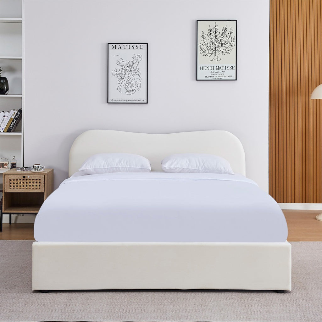 Ninon - Lit Adulte 160x200 cm avec Tête de Lit Matelassée en Velours - Beige