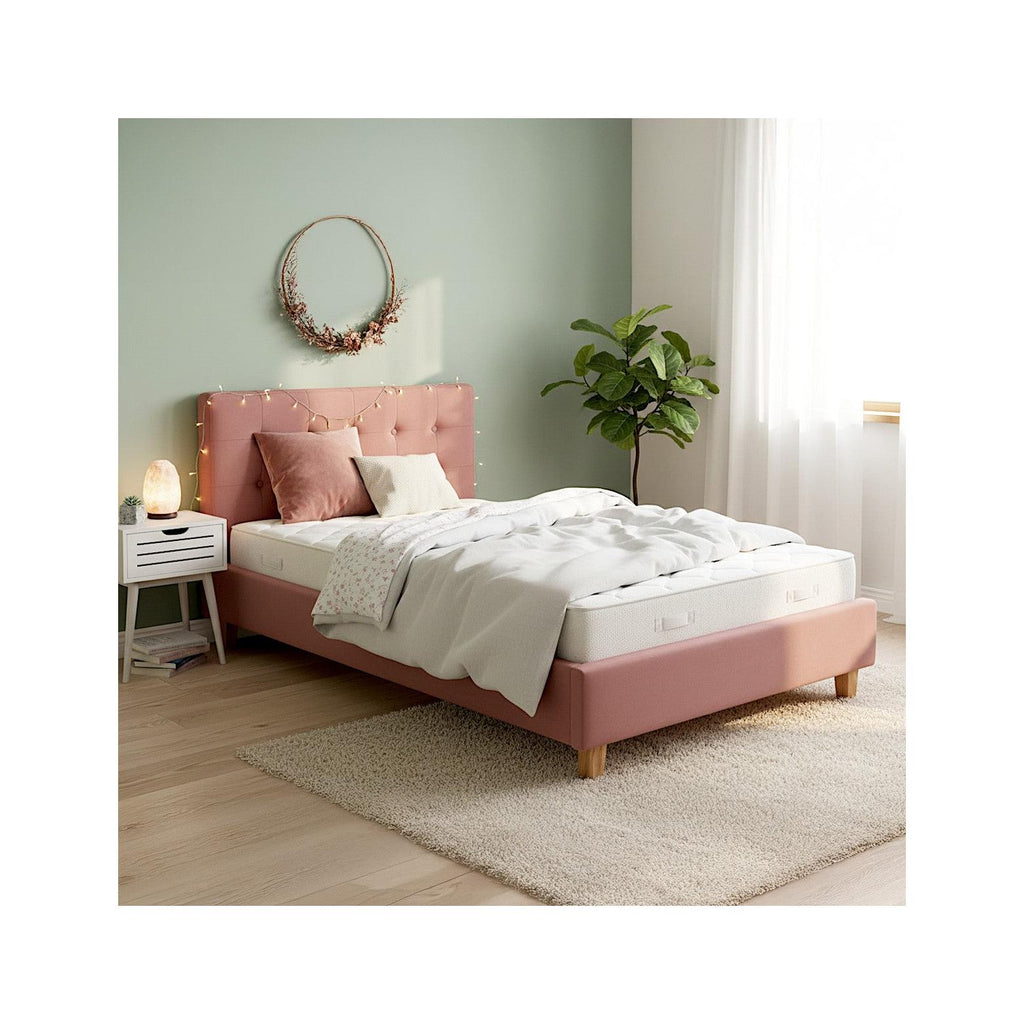 Milo - Lit Adulte 90x190 cm avec Tête de Lit Capitonnée en Velours - Vieux Rose