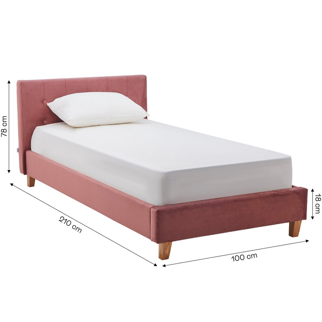 Milo - Lit Adulte 90x190 cm avec Tête de Lit Capitonnée en Velours - Vieux Rose