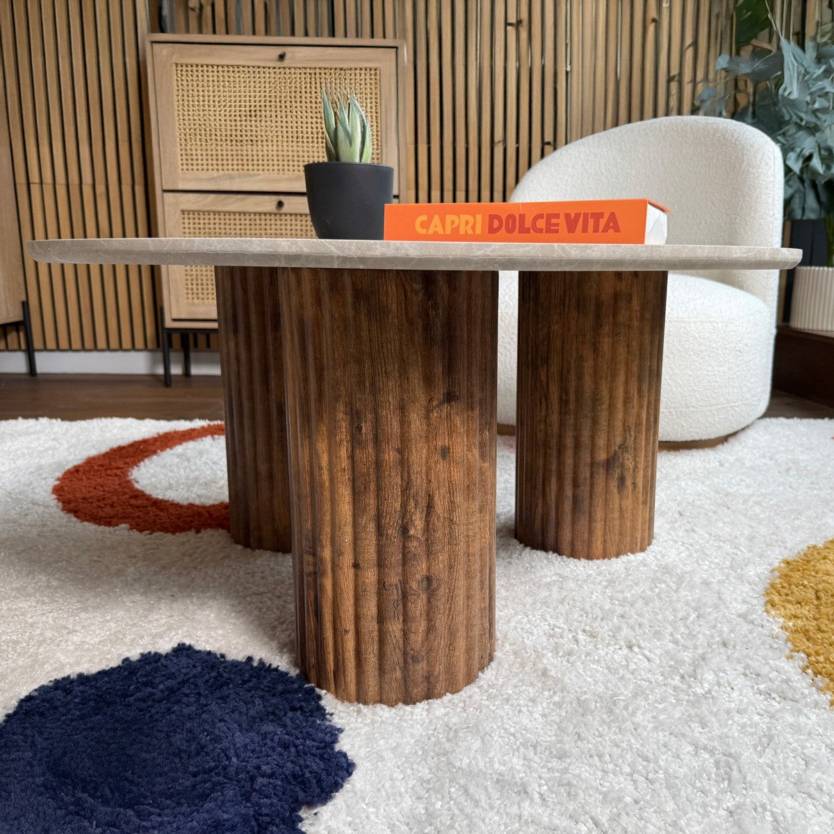 Stone - Table Basse Ronde Effet Marbre et Bois Ø 80 cm - Blanc