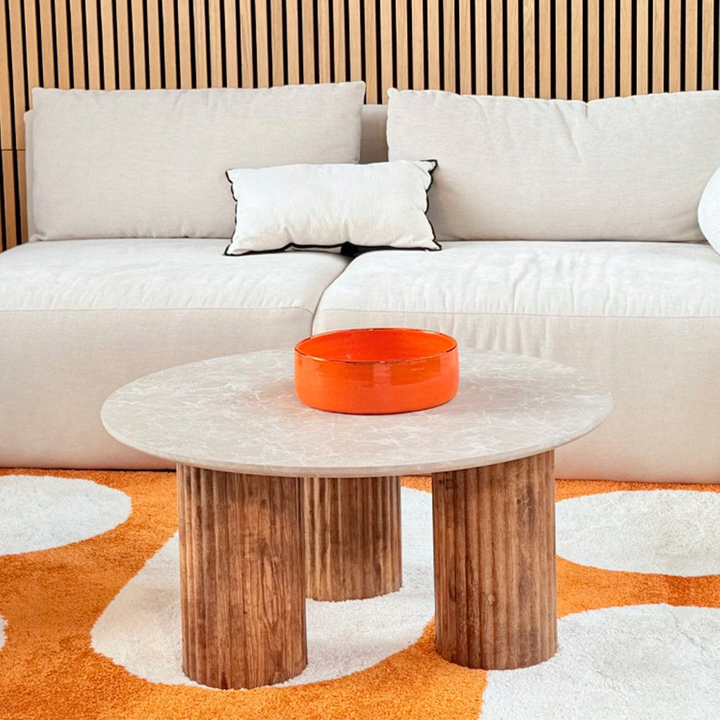 Stone - Table Basse Ronde Effet Marbre et Bois Ø 80 cm - Blanc